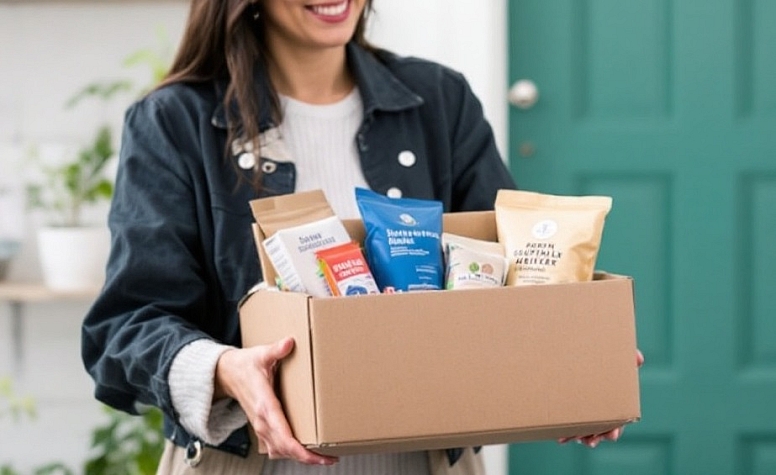 a sustainable subscription box delivered to a front door