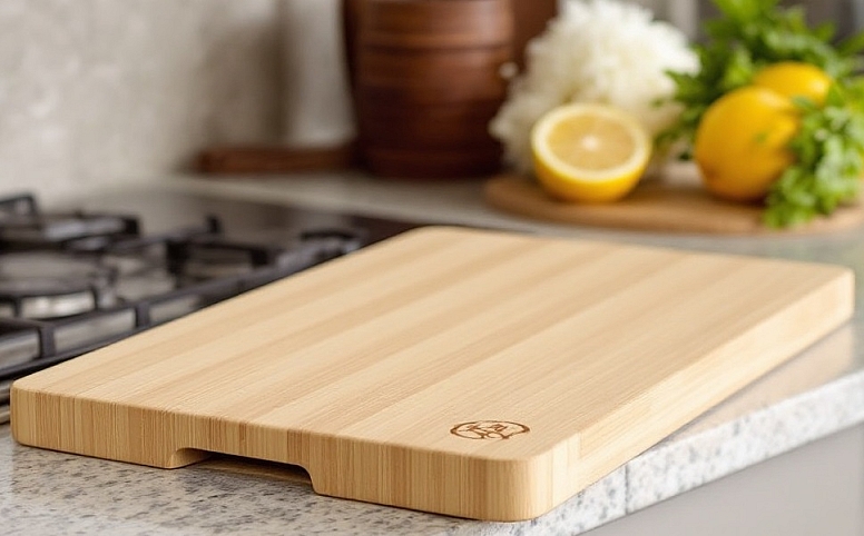 bamboo cutting board on a kitchen surface